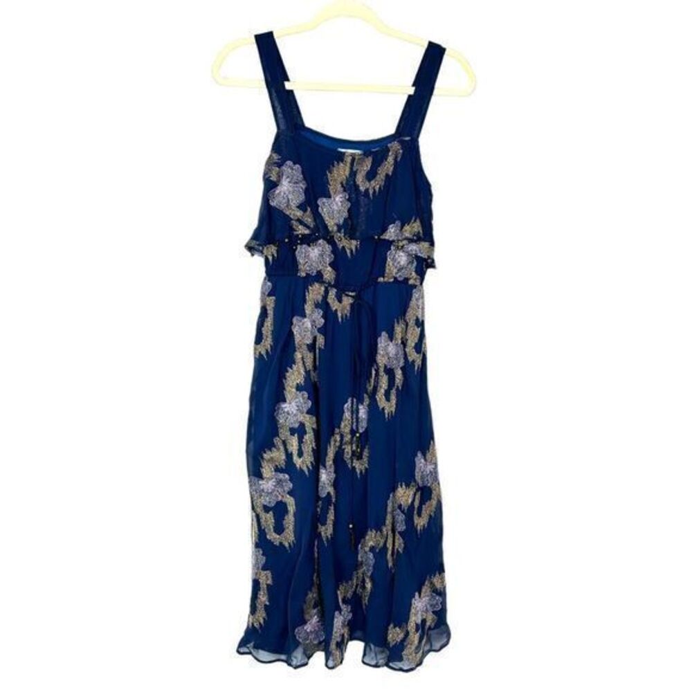 Plenty Tracy Reese Blue Gold Metallic Embroidered Silk Beaded Dress A-line